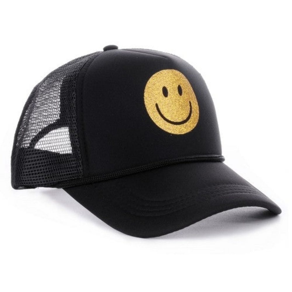 Be Happy Glitter Smiley Trucker Hat